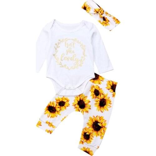 Newborn Baby Girls Clothes Set Infant Kids Sunflower Outfit 3pcs Cotton Bodysuit+Pants+Headband Toddler Girls Costume 0-2T