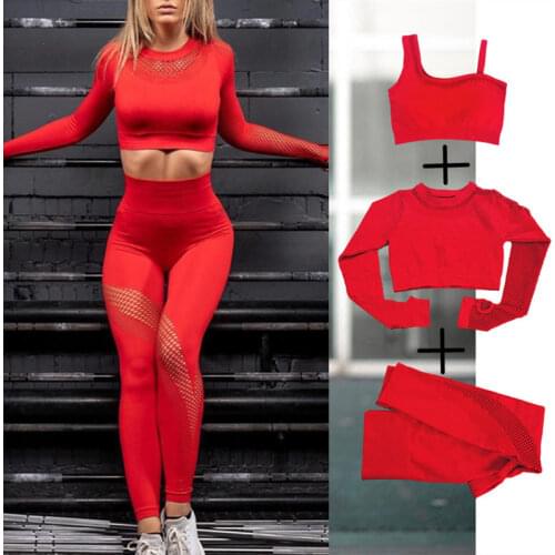 Seamless Yoga Set Sport Outfits Women 2pcs Two Piece Hollow Long Sleeve Crop top Leggings Workout Wear Gym Suit Fitness Sets