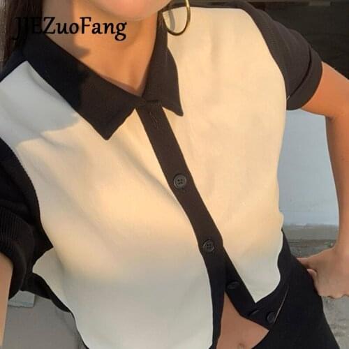 JIEZuoFang Trendy Punk Trendy T-shirt For Women Fashion Button Summer Cool Chic Exposed Navel Sexy T-Shirts For Female 2020