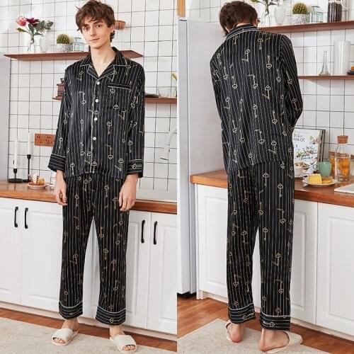 Men Pajama Sets Man Plus Size Silk Pajamas Pants Satin Sleep Wear Pijamas Nightwear Long Sleeve Sleep Tops Trousers PJs