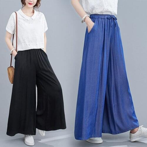 New Literary Retro Large Size Tencel Denim Wide-leg Pants Elastic Waist Wild Loose Slim Thin Trousers Casual Trousers Jeans k907