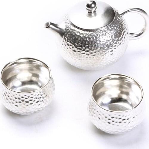 One pot, two cups, travel tea set, portable, Japanese hammer, silver teapot, teacup