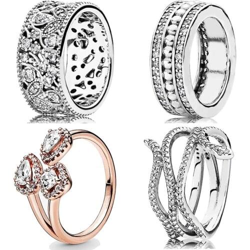 Original Swirling Snake Rose Geometric Shapes Shimmering Leaves Thick Band Ring 925 Sterling Silver Ring For Pandora Jewelry