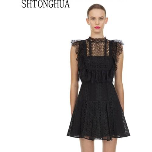 Sexy Little Black Dress 2020 Brand Designer Summer Perspective Sleeveless Hepburn Style Pleated Mini Lace Dress