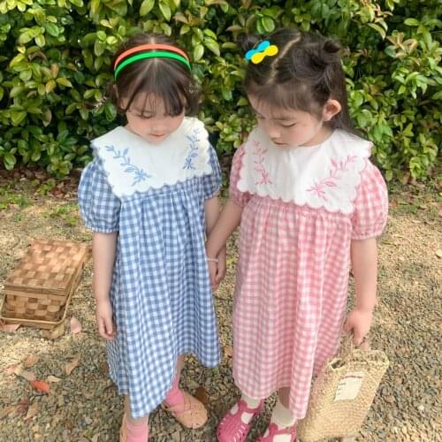 Grid plaid dresses embroidery flowers Princess dress fashion elegant Childrens clothing wholesale 5pcs/lot