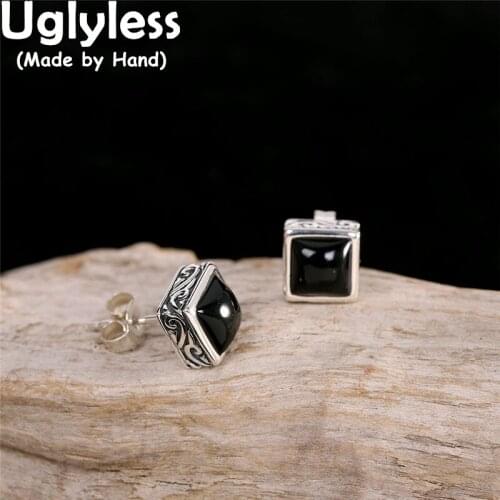 Uglyless Retro Lapis Agate Studs Earrings for Women 6MM MINI Real Silver Square Earrings 925 Silver Brincos Fine Jewelry E1724