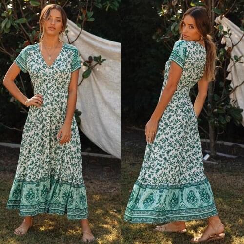 Womens clothing New Europe and AmericaVCollar printed waist-controlled slimming large hem short sleeve dress long skirt