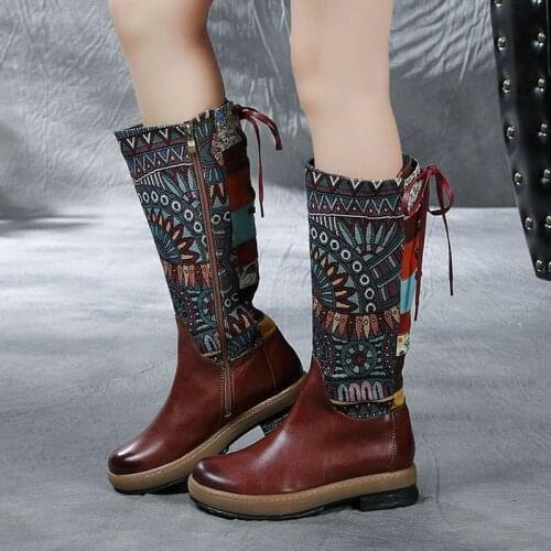 UMMEWALO Tall Boots Women Round Toe Winter Embroidered Lace Up Genuine Leather Boots Ladies