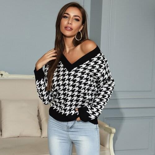 Women Casual V-neck Houndstooth Sweater Jumper Autumn Fashion 2021 Long Sleeve Vintage Top Mujer Black Loose Knitted Sweaters