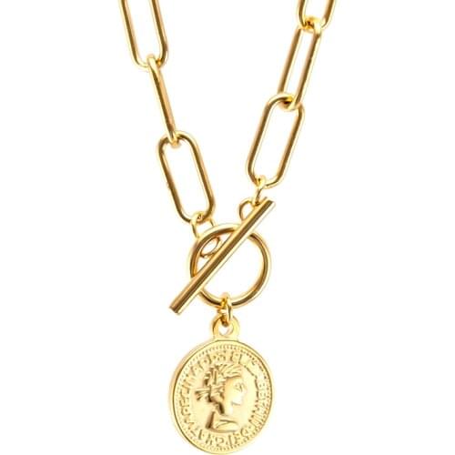 Lucky Coin Medal Stainless steel Necklace for women Long heavy Choker Toggle charms collares de moda Boho Jewelry Collier gift