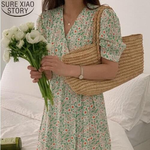 Women Short Sleeve High Waist A-line Midi Long Dress Vintage Floral Dress Elegant V Neck Summer Dresses Vestido Feminino 14780
