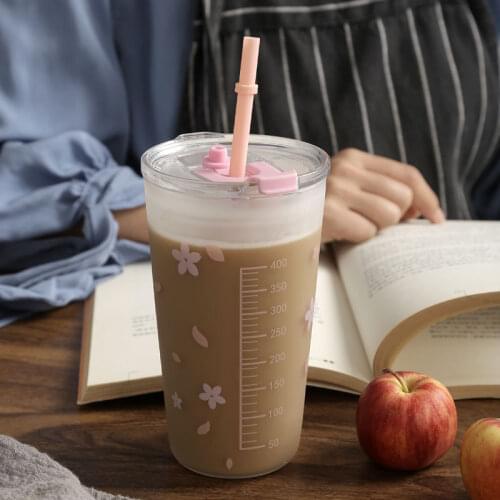 400ML Creative Straw Glass Mug With Scale Microwave Heating Sealed Lid Cute Milk cups Fashion Cold Drink Mugs