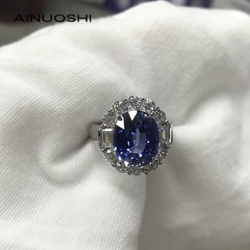 AINUOSHI 14K/18K Gold Halo Ring Oval Cut 9x11mm 5.5ct Blue AINUOSHI Stone for Women Luxury Anniversary Party Jewelry
