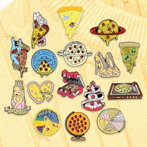 Fantasy Spaceship Love Pizza Enamel Pins Crown The Queen Of Stars Globe Brooches Badges Denim Shirt Jewelry Gifts For Girls