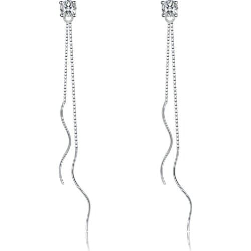 925 Sterling Silver Elegant Four Claws Zircon Dangle Hanging Long Drop Earrings Wave Ear Line Earrings For Women S-E173