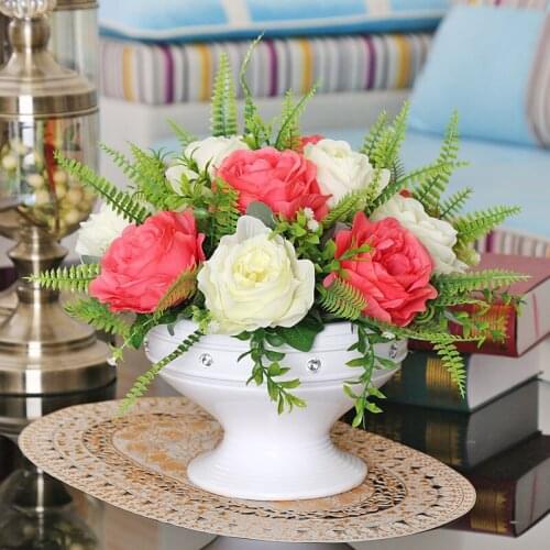 European Ceramic Vase+Artificial Flower Set Decor Home Furnishing Craft Decoration Livingroom Silk Fake Flower Pot Ornaments Art
