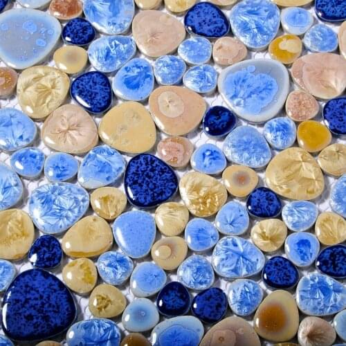 Porcelain Pebbles Art Fambe Mosaic Navy Blue Beige Tile Bath Floor Swimming Pool Decor Wall Sticker Floor Tile