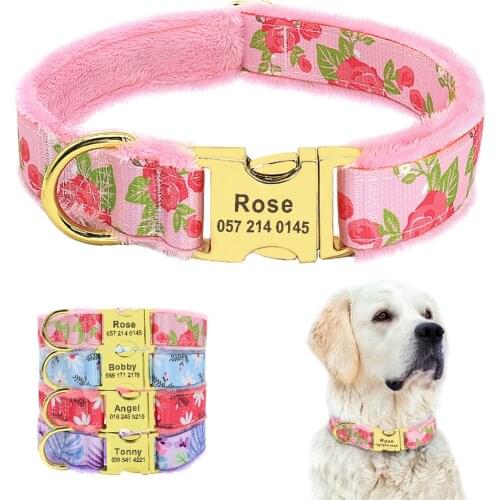 Flannel Padded Dog Collar Personalized Printed Nameplate Collar Engraved ID Tag Collar Anti-lost For Medium Large Dogs