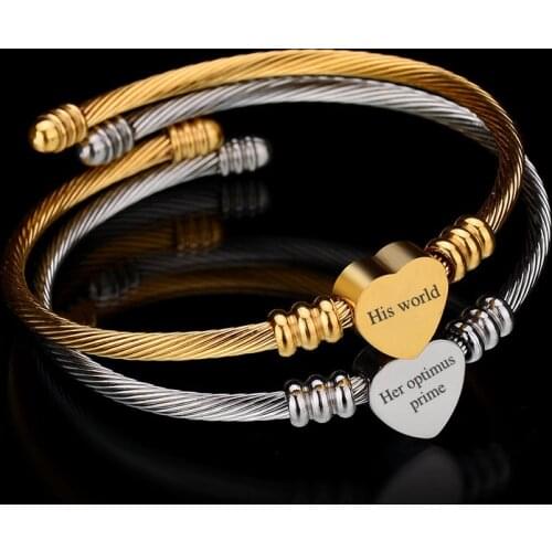 Custom Heart Charms Engraved Name Cuff Stainless Steel Twisted Cable Wire Bracelets Jewelry Gift Rose Gold DIY Bangles for Women