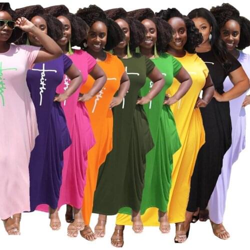 Fashion Women Plus Size Lantern Dresses 2021 Summer Hot Selling O-neck Short Sleeve Pockets Casual Ankle-Length Solid Dress