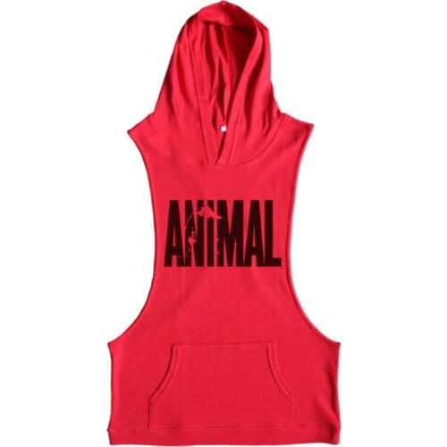 FTTOY Mens Fitness Wear Fitness Wear Print ANIMAL Mens Fitness Hooded Vest Sleeveless cotton sweatshirt with large pocket