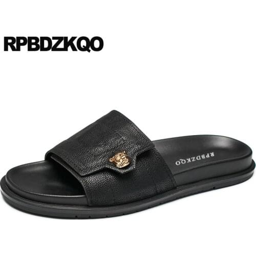 2019 luxury slippers genuine leather slip on black summer plus size flat large 45 designer shoes men high quality sandals slides
