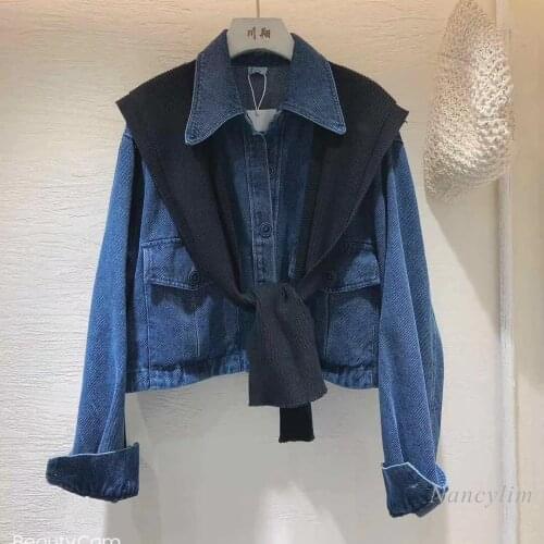 2021 Spring and Autumn New Korean Style Loose Drawstring Waist Short Denim Jacket + Knitted Shawl Two-Piece Womens Clothing