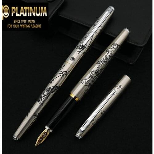 Fountain Pen Platinum Dragon Phoenix Bamboo and Bird Etch Old Pen Engrave Meiqiao 14K Gold Nib Metal Penholder PB-2500