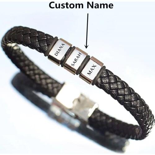 Personalized Genuine Leather Braided Rope Bracelets For Mens Custom Name Bracelets 1-9 Names Beads Jewelry Gift With Gift Box