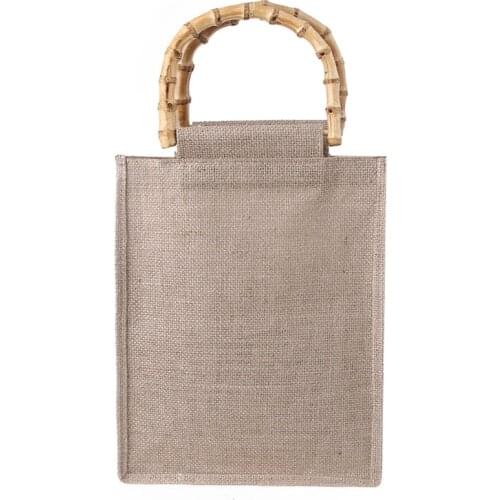 Portable Burlap Jute Shopping Bag Handbag Bamboo Loop Handles Reusable Tote M68C
