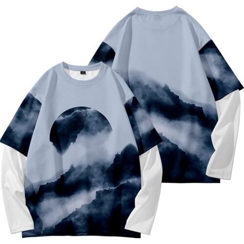Casual O-Neck 2021 Spring Autumn Print Fake Two Pieces Sweatshirt Couple Hip Hop T-shirt Streetwear Clothes