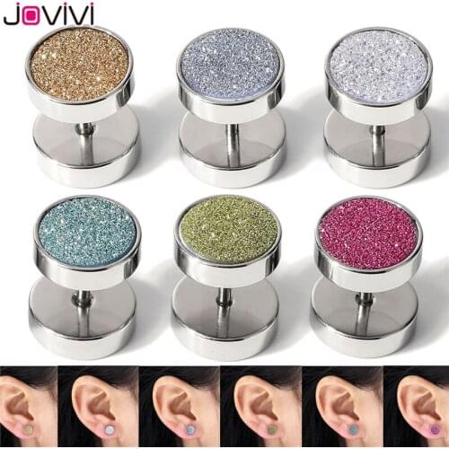 Jovivi 16G Stainless Steel Fake Ear Expanders Glitter Barbell Stud Earring Fake Ear Plug Stretcher Piercing 00G (10MM) Gauge