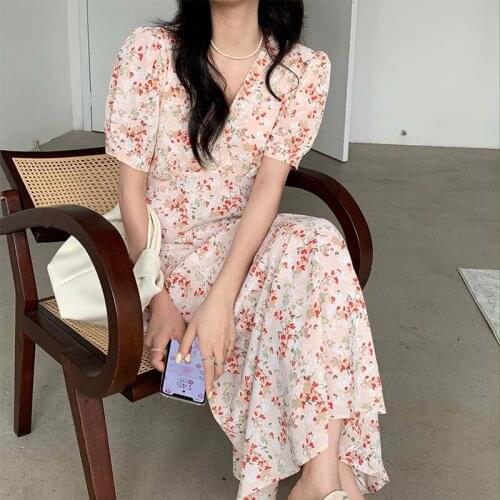 Hzirip New Summer Temperament 2021 French V-Neck Floral Chiffon Mid-Calf Dresses Folds Fashion Casual Elegant Printing Dress