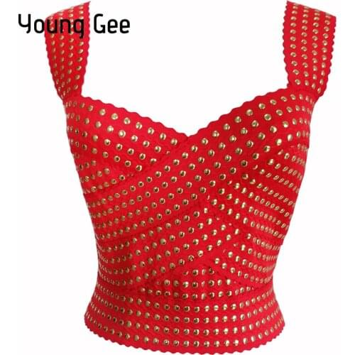 Young Gee Womens Sexy Bandage Crop Top Summer Punk Rivets Vest High Street Stretch Strap Back Zipper Tank Tops femme Streetwear