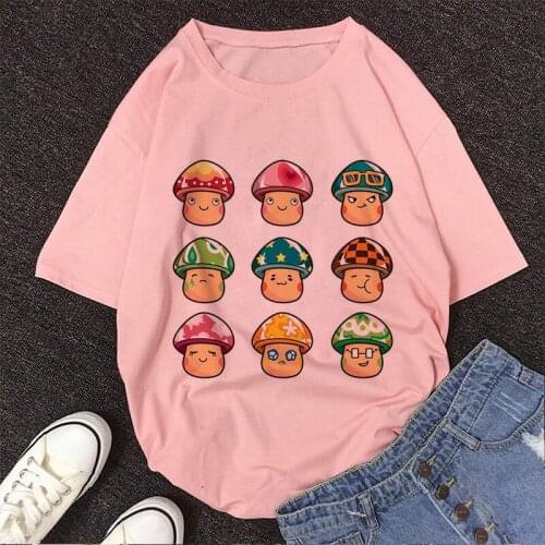 Mushroom Kawaii Graphic Print T-shirt Women Harajuku Aesthetic Pink Tops Tshirt Tee 2021 New Summer Fasahion Y2k Female T Shirt
