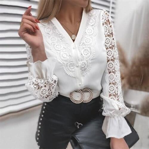 Women Sexy Guipure Lace Patchwork Hollow Out Shirt Long Sleeve Crew Neck Button Mesh Design Blouse Fashion White Vintage Shirts