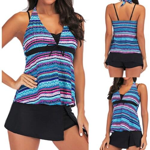 Womens sexy high waist ethnic style stripe printed conservative swimming skirt large size printed beach dress cushioned swimmin