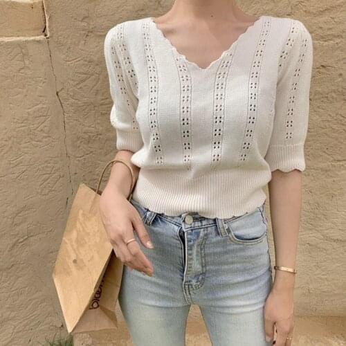 Sexy Hollow Out V-Neck T-shirts Women Summer Knitted T-shirts Fashion Short Tops