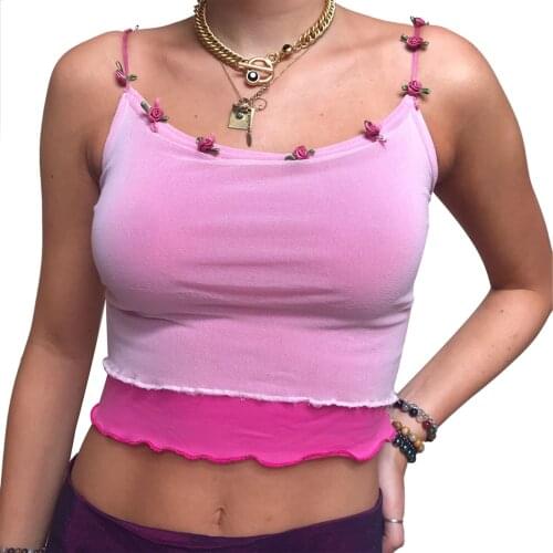 Ladies Summer Sexy Tops Casual Midriff-baring Camisole Flower Decoration Double Layer U-neck Sleeveless Top Slim Base Shirt