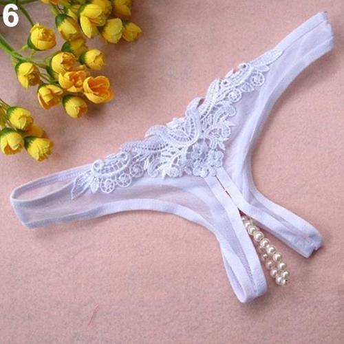 Women Sexy Crotchless Faux Pearl Decor Thong Panties Open Crotch Underwear Women Exotic Sexy Costumes