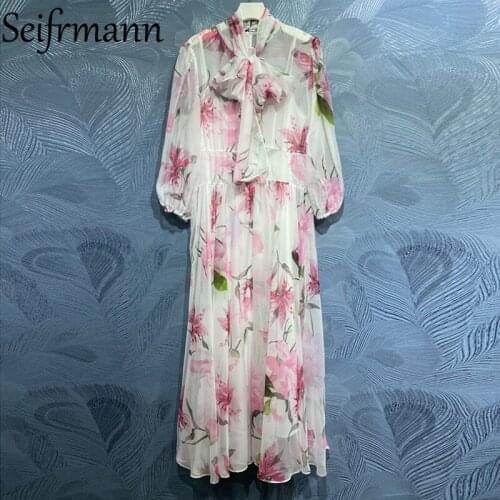 Seifrmann New 2021 Summer Women Fashion Designer Party Long Dress Lantern Sleeve Bow High Waist Floral Printed Ladies Dresses