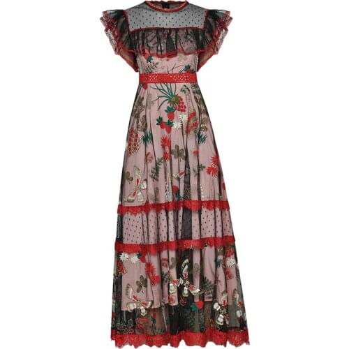 Newest HIGH QUALITY Fashion 2021 Runway Dress Womens Butterfly Sleeve Embroidery Gauze Dress