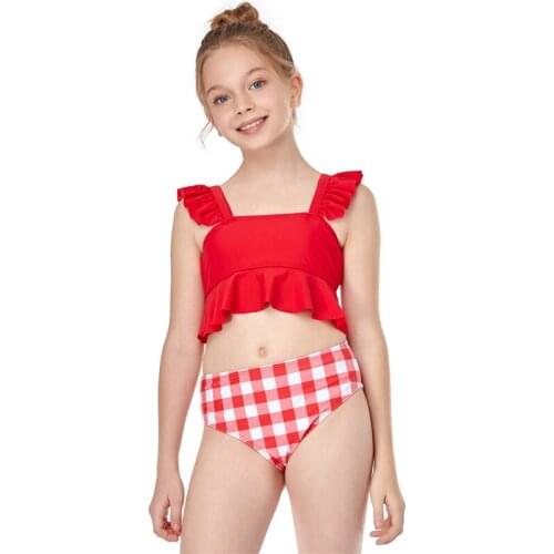 2Pcs Girls Swimwear Set Solid Color Square Neck Ruffled Tank Tops with Checked High Waist Triangle Bottoms Kids Swimwear Biquini