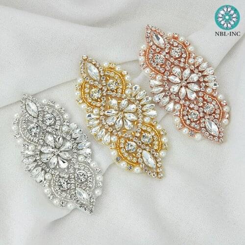 30PCS ) Bridal wedding beaded silver rose gold crystal rhinestone applique patch iron on for dresses WDD0736