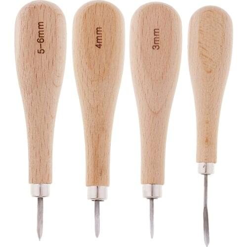 Fityle 4 Pieces Wooden Handle Leather Stitcher Sewing Steel Awl Curved Awl for Leather Crafts