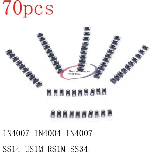 70pcs/lot SMD M1 1N4001 M4 1N4004 M7 1N4007 SS14 US1M RS1M SS34 7 Values*10pcs KIT schottky diode set kit pack package