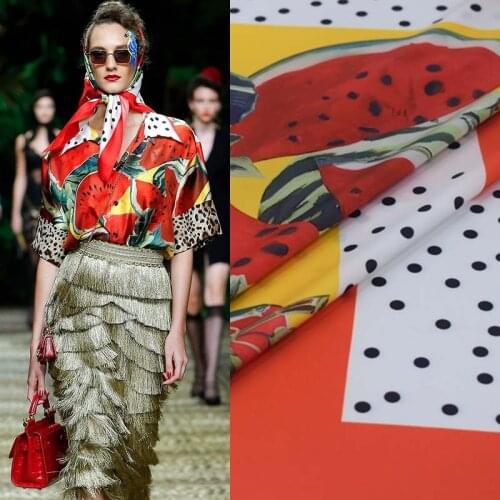 84*148cm/piece wave point watermelon print Emulation silk stretch fabric for satin dress ткань для платья ткани tissu tissus DIY