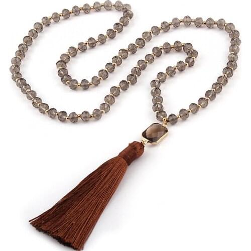 Free Shipping Fashion Bohemian Jewelry Glass Small Gold beads Crystal Rectangle Charm Matching Tassel Necklace