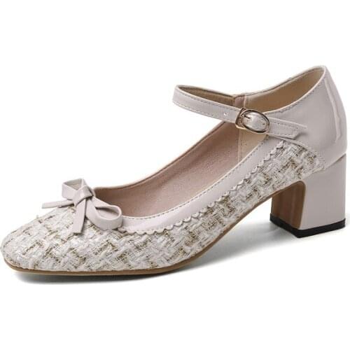 Big Size Square head bow sweet single shoes ladies high heels women shoes woman pumps