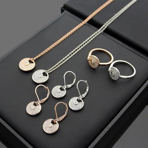 Brand wedding amulet Jewelry Set For Women stainless silver rose gold zircon round flying disk charm necklace earring ring set